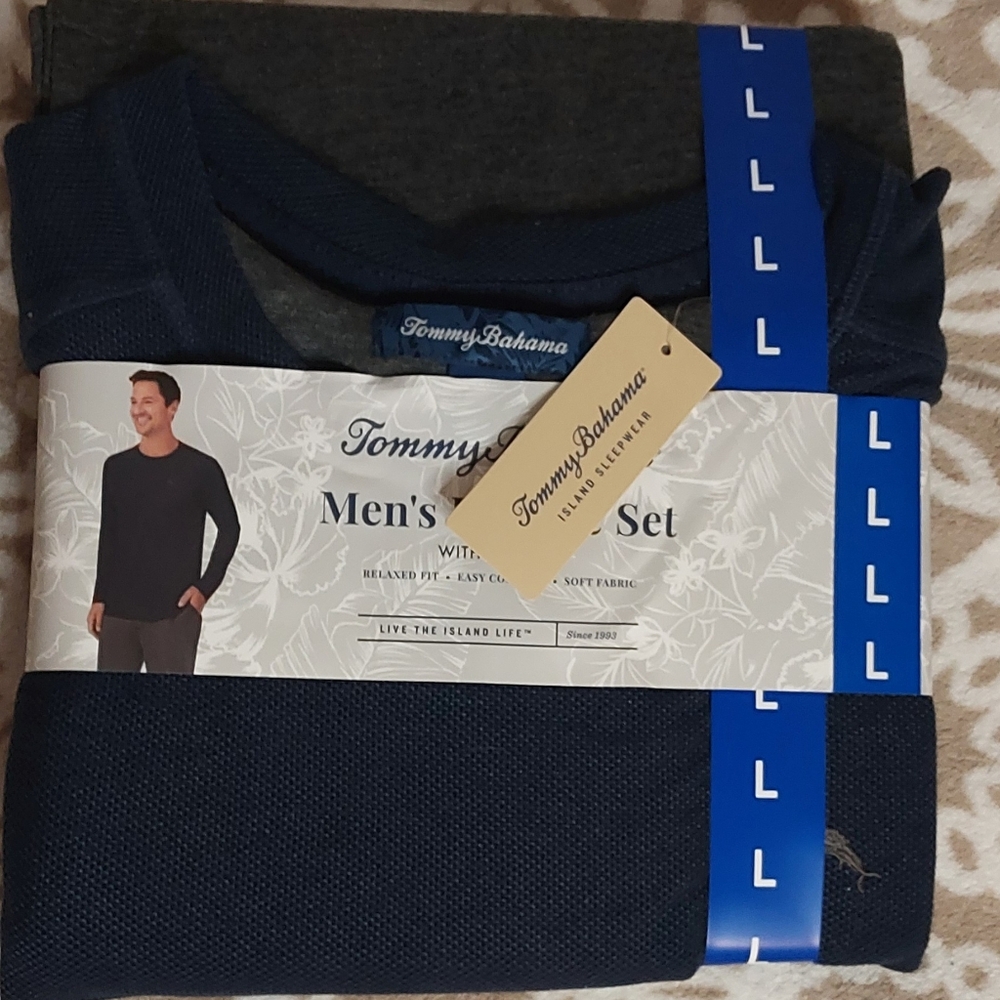 TOMMY BAHAMA Mens 2-piece Relaxed Fit Lounge Set Sz L Gray Blue Soft Pajamas NWT